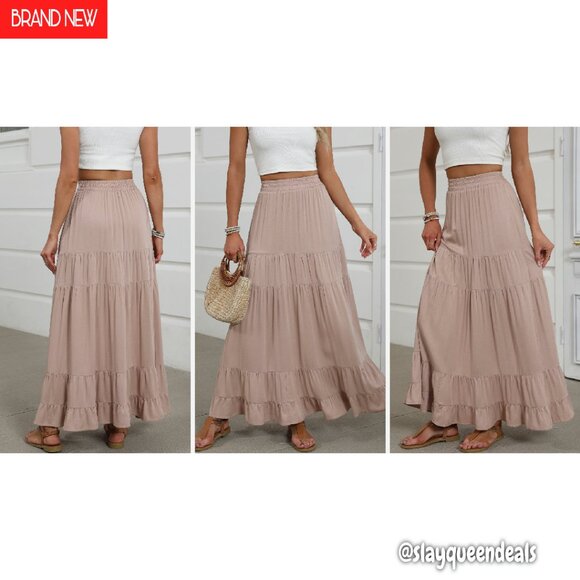 Maxi Skirt Elastic High Waist Tiered A-Line Flowy Boho Long - Picture 8 of 8